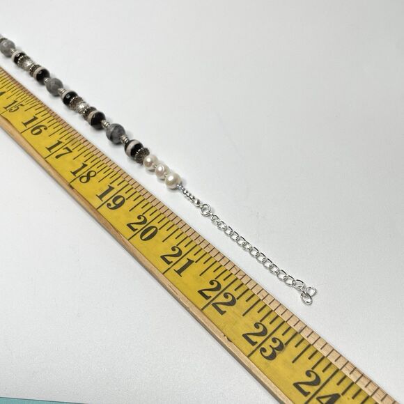 Stunning Agate Picasso Jasper Freshwater Pearl Beaded Necklace Silver Plated - Picture 7 of 7